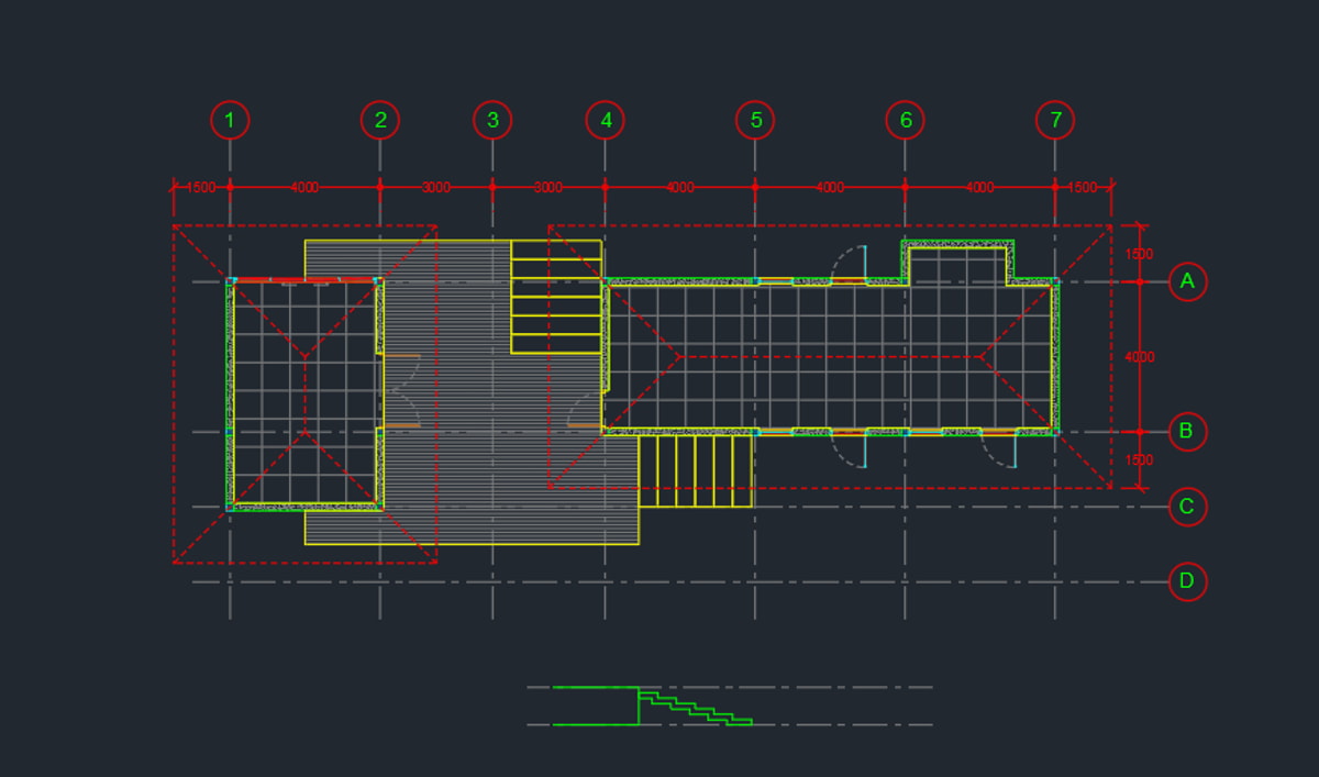 แปลนพื้นอาคาร 2 ชั้น แสดงแบบร่างสถาปัตยกรรมในโปรแกรม CAD