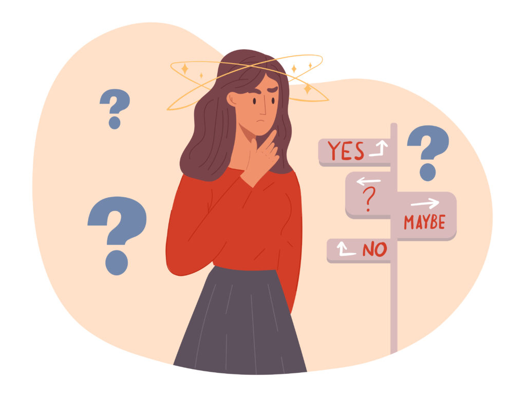 ผู้หญิงกำลังตัดสินใจที่ทางแยก มีป้าย Yes, No, Maybe และเครื่องหมายคำถาม