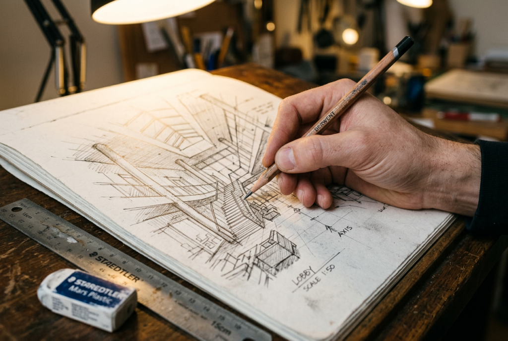 มือวาดภาพแบบร่างสถาปัตยกรรมภายในบนกระดาษ พร้อมอุปกรณ์วาดเขียน