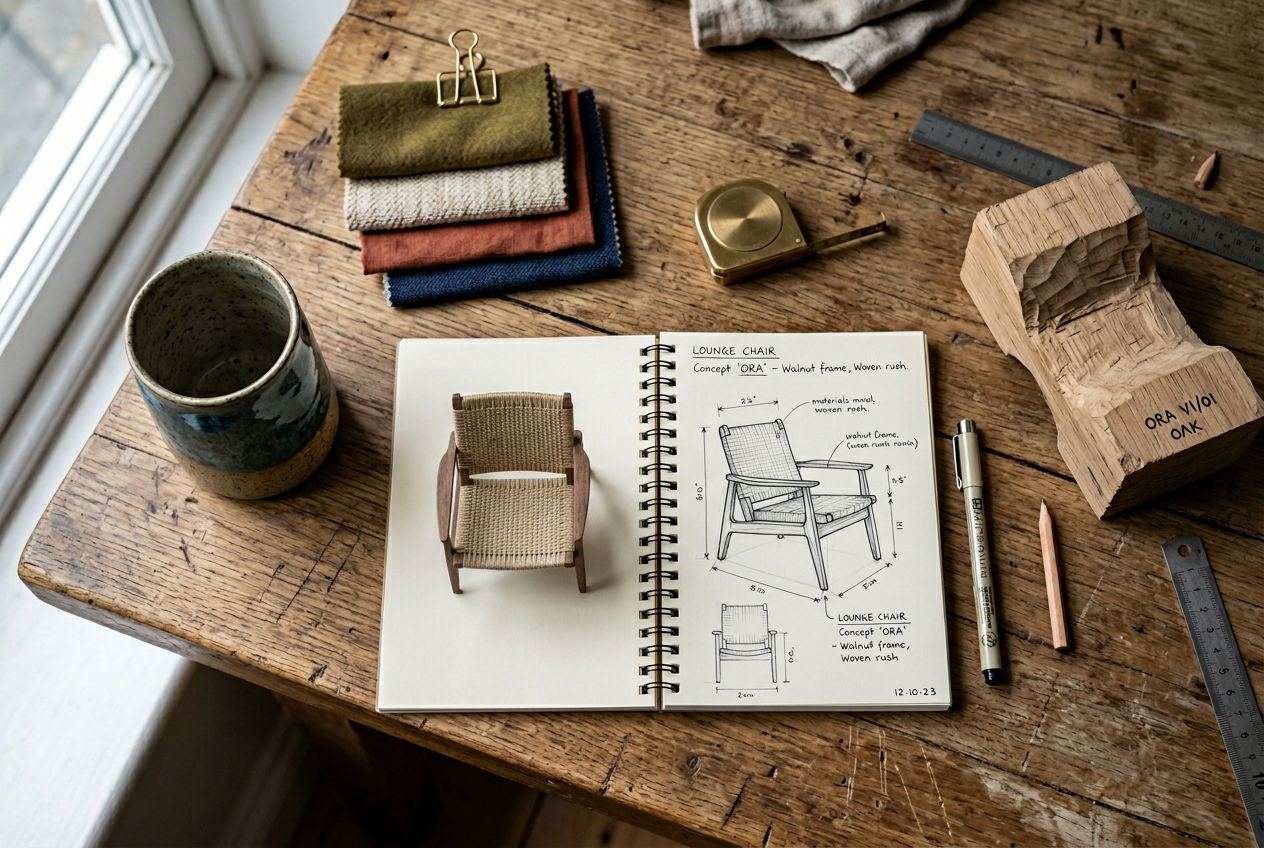 แบบร่างเก้าอี้ Lounge Chair พร้อมโมเดลจำลอง วัสดุไม้และผ้า