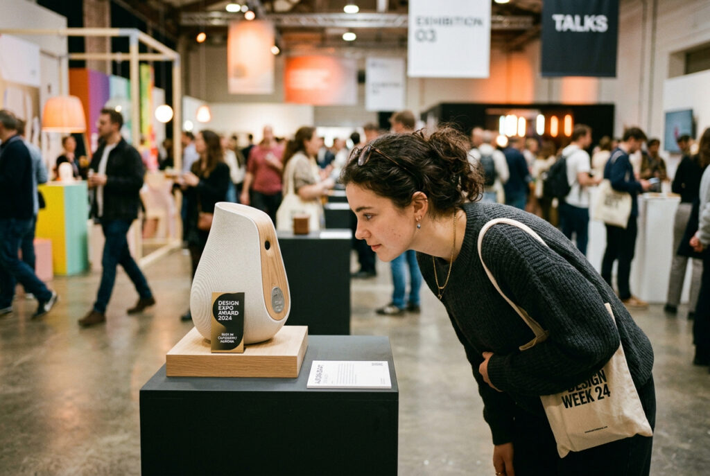 ผู้หญิงมองดูผลงานการออกแบบที่ได้รับรางวัลในงาน Design Week